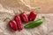 Group of hot peppers jalapeno, dark red color on creased beige brown paper, mexican cuisine very hot ingredients