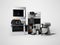Group of household appliances for kitchen toaster coffee maker microwave food processor blender 3d render on gray background with