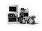 Group of household appliances for kitchen toaster coffee maker microwave food processor blender 3d render on white background with