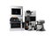 Group of household appliances for kitchen toaster coffee maker microwave food processor blender 3d render on white background no