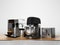 Group of household appliances for the kitchen on wooden rack 3d render on gray background with shadow