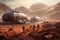 A group of human colonizers is shown disembarking from a spacecraft and setting foot on the barren surface of Mars