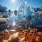 A group of icebergs floating on top of the ocean. Sun, global warming concept