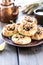 Group of individual pies with meat and potato - vak balish. Tatar traditional pies. Wooden background