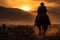 A group of individuals riding on the backs of horses together in an outdoor setting, the cowboys come back to town at sunset, a