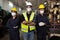 Group of industrial technician worker crossed arms post and wearing medical mask for protect virus in factory