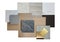 group of interior material samples including gold stainless, gold metallic aluminium, palette of stone tiles, wooden veneer,