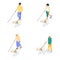 Group of isolated blind people with a cane and a guide dog on a white background.