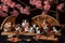 A group of japanese hamsters sitting on a table. AI generative image.