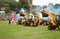 Group of JCB tractors at Chatsworth Fair , one bearing a Union Jack flag