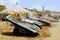 A group of jet skis on a sandy beach opposite the water sports center in Alanya Turkey