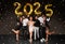 Group of joyful multiracial millennial friends celebrating new year 2025