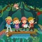 Group of kids with backpacks walking on log bridge across the stream in the jungle. Kids summer camp concept