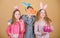 Group kids bunny ears accessory celebrate Easter. Easter activity and fun. Friends having fun together on Easter day