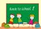 Group of kids front blackboard, funny vector illustration