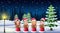 Group of kids in red santa costume singing christmas carols on the winter background