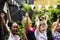 Group of kids school friends hand raised happiness smiling learn