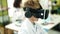 Group of kids students using virtual reality glasses at laboratory classroom