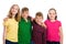 Group of kids wearing colorful shirts.