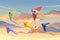 Group of kite soars in the sky flying colored toy vector illustration with cloudy evening sky on background