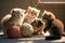 group of kittens, each with a ball of string, playing together in the sun
