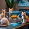 A group of kittens gathered around a holographic fish swimming above a tablet2