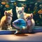 A group of kittens gathered around a holographic fish swimming above a tablet3