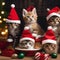 A group of kittens in tiny Santa hats, gathered around a gingerbread house5