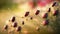 a group of ladybugs sitting on top of a green plant next to each other on a field of grass with red and white flowers.