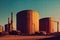 a group of large industrial tanks sitting next to each other on a field of grass and dirt near a road