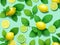 A Group Of Lemons And Limes With Leaves On A Blue Background. Generative AI