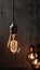 a group of light bulbs hanging from a ceiling fixture in a dark room with wooden walls and a wooden