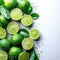 A Group of Limes With Leaves and Water Droplets. Generative AI.