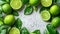 Group of Limes With Leaves and Water Droplets. Generative AI.