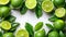 Group of Limes With Leaves and Water Drops. Generative AI.