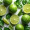 A Group of Limes With Leaves and Water Drops. Generative AI.