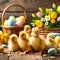 Group of little ducklings background of Easter decorations. Easter spring celebration concept