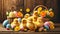Group of little ducklings background of Easter decorations. Easter spring celebration concept