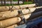 Group of logs tied up by a rope outside of the sawmill on a sunny day