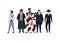 Group of mafia members or mafiosi dressed in elegant retro clothes or formal suits and holding fire guns. Flat male