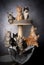 group of maine coon kittens on scratching post