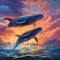 Group of majestic blue whales swimming among cloud formations