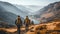 Group of male hikers admiring a scenic view from a mountain top. Adventurous young men with backpacks. Hiking and trekking on a