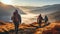 Group of male hikers admiring a scenic view from a mountain top. Adventurous young men with backpacks. Hiking and trekking on a