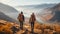 Group of male hikers admiring a scenic view from a mountain top. Adventurous young men with backpacks. Hiking and trekking on a