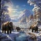 Group of Mammoths Wandering the Snowy Plains, with Large Forest Trees Either Side