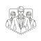 Group of man in formal suits. Vector thin line icon drawing illustration of 3 businessman business team