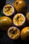 Group of many Passion-fruit with seamless background, waterdrops, close of view