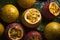 Group of many Passion-fruit with seamless background, waterdrops, close of view
