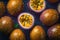 Group of many Passion-fruit with seamless background, waterdrops, close of view